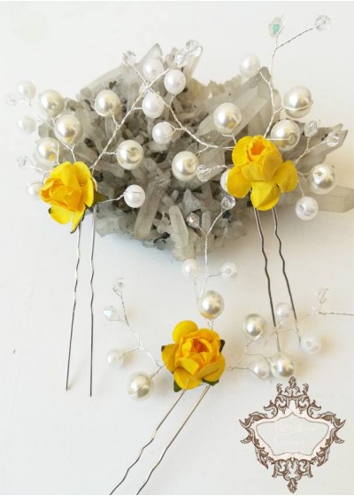 Ръчно изработени фуркети за коса с перли и роза Yellow Roses
